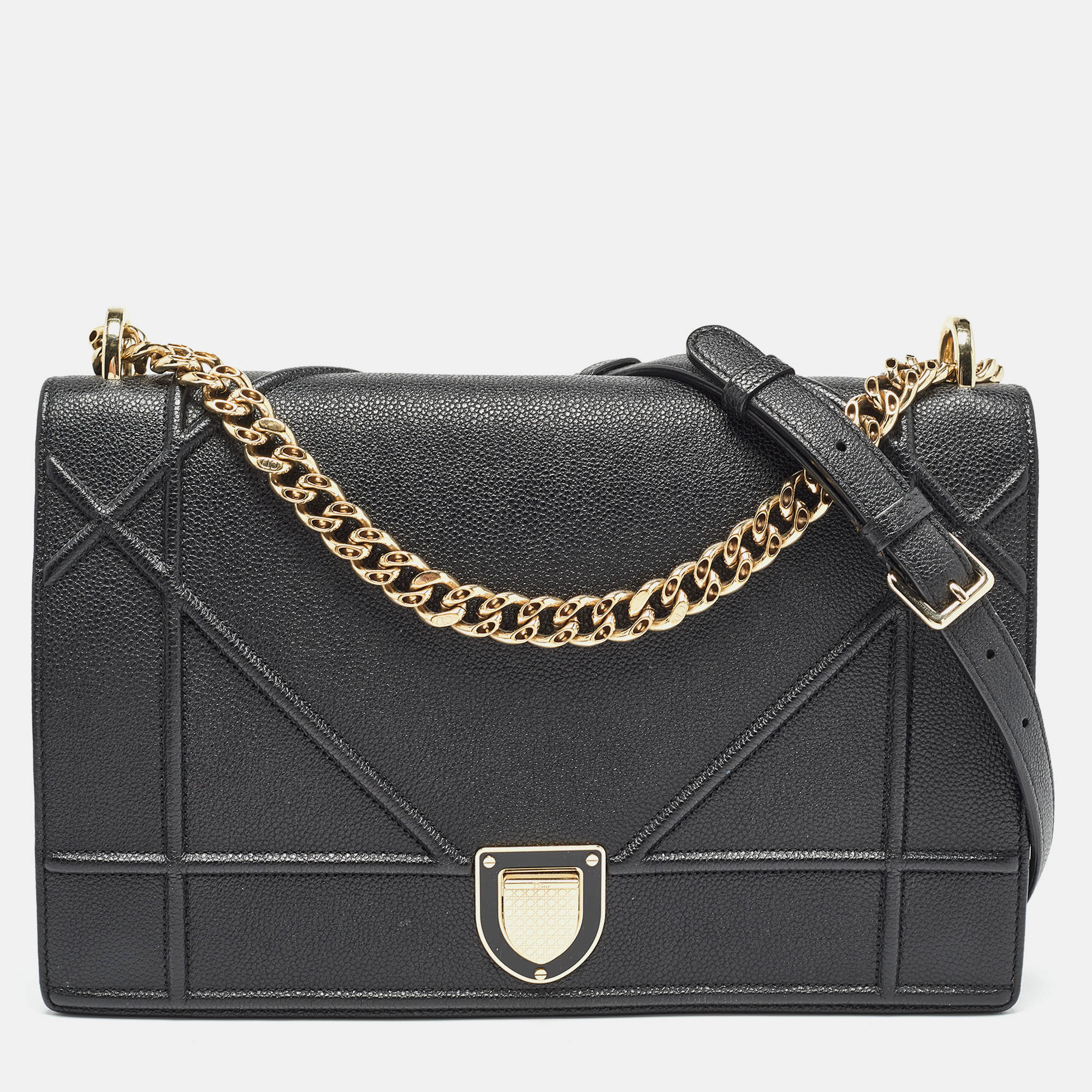 Black Leather Large Diorama Flap Shoulder Bag