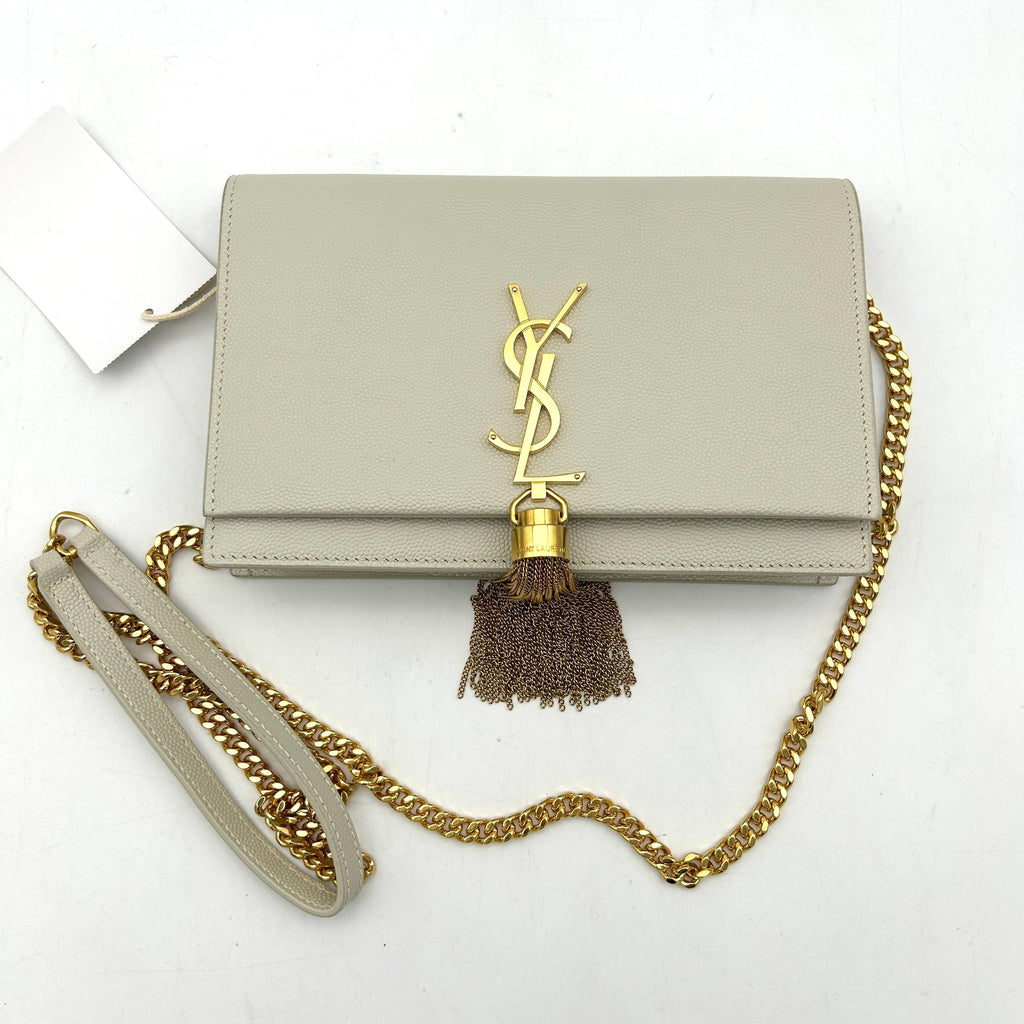 Pre-owned SAINT LAURENT Grain De Poudre Small Classic Monogram Kate Tassel Satchel Crema Soft WD255108