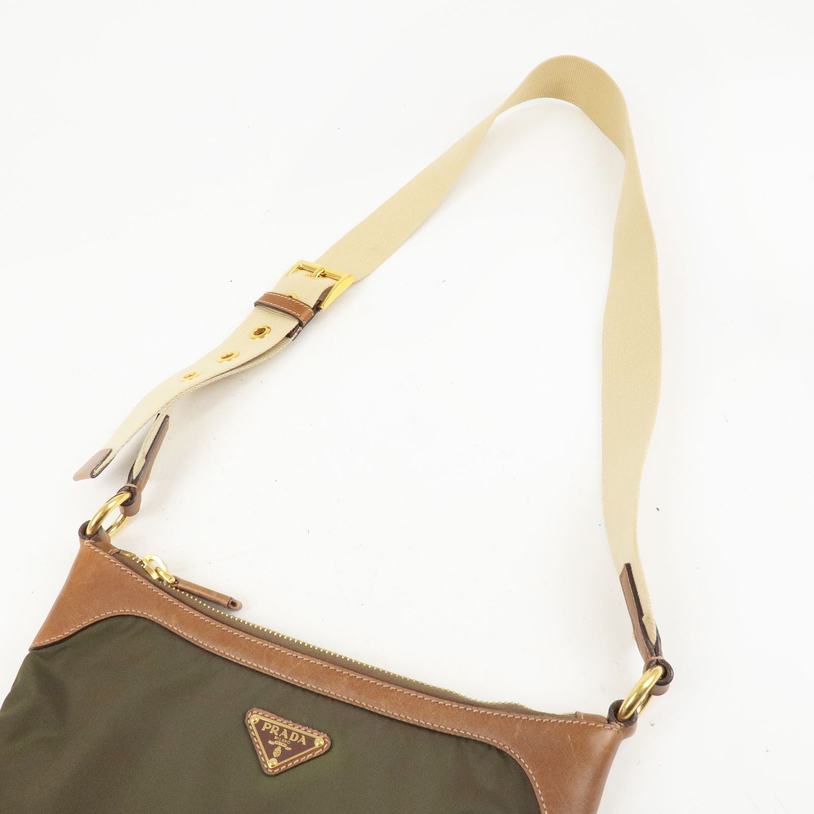 Prada Nylon Leather Shoulder Bag Khaki Br