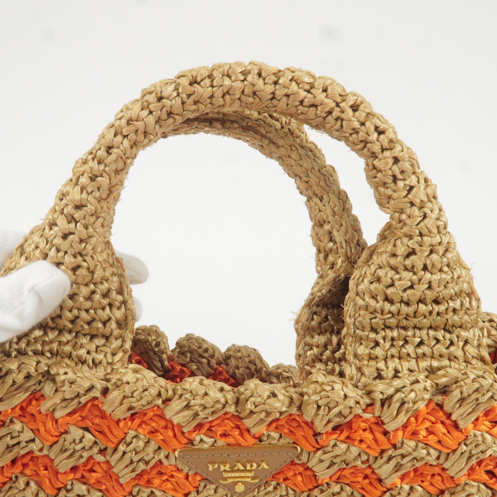 Prada Logo Raffia Crochet Tote Bag Hand Bag Br Orange BN2303