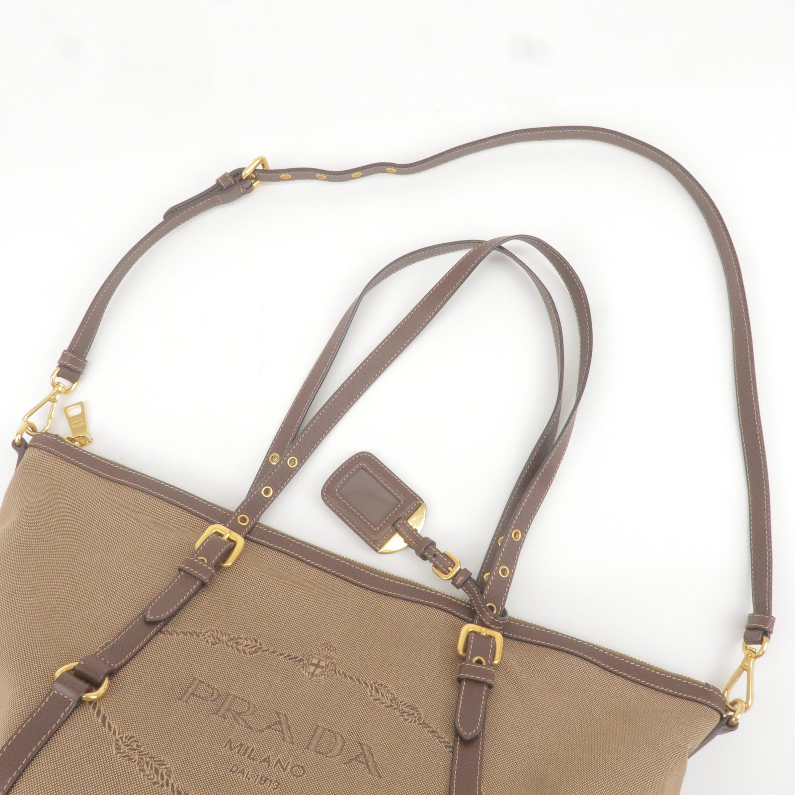 Prada Logo Jacquard Leather 2Way Tote Bag Beige Br BR4253