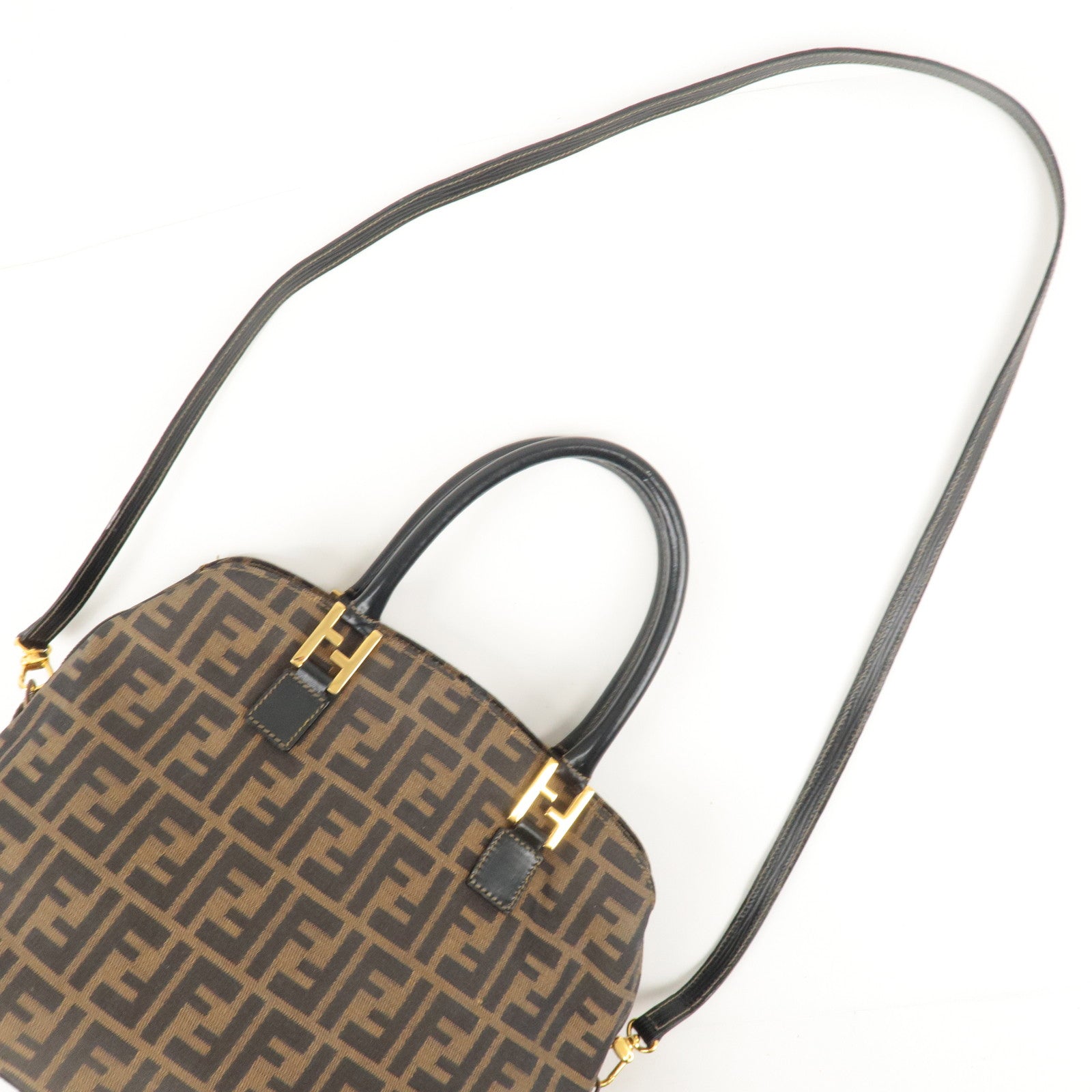 FENDI Zucca Canvas Leather 2Way Shoulder Bag Brown Black 14968