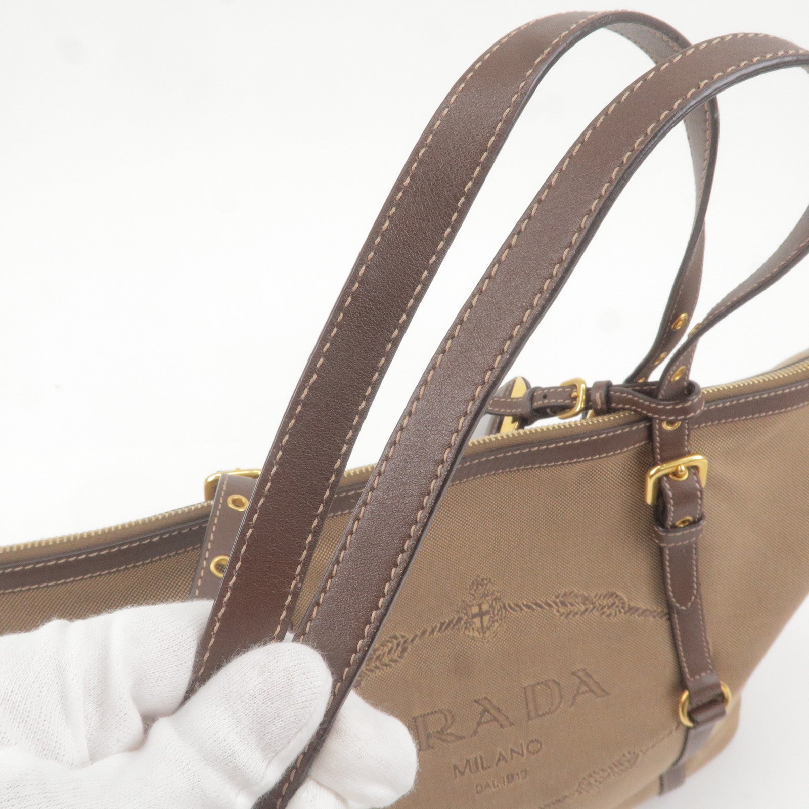 Prada Logo Jacquard Leather 2Way Tote Bag Beige Br BR4253