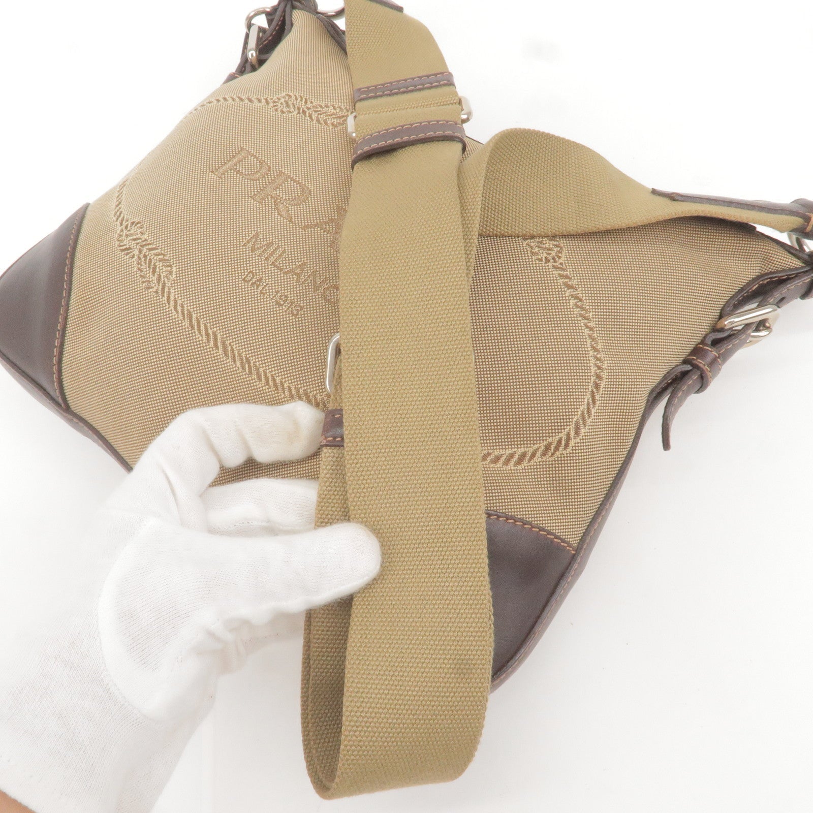 Prada Logo Jacquard Leather Shoulder Bag Beige Br BT0534