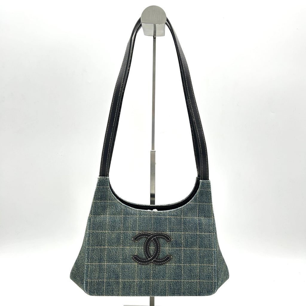 Chanel Denim Leather Shoulder Bag Green Medium LA18337