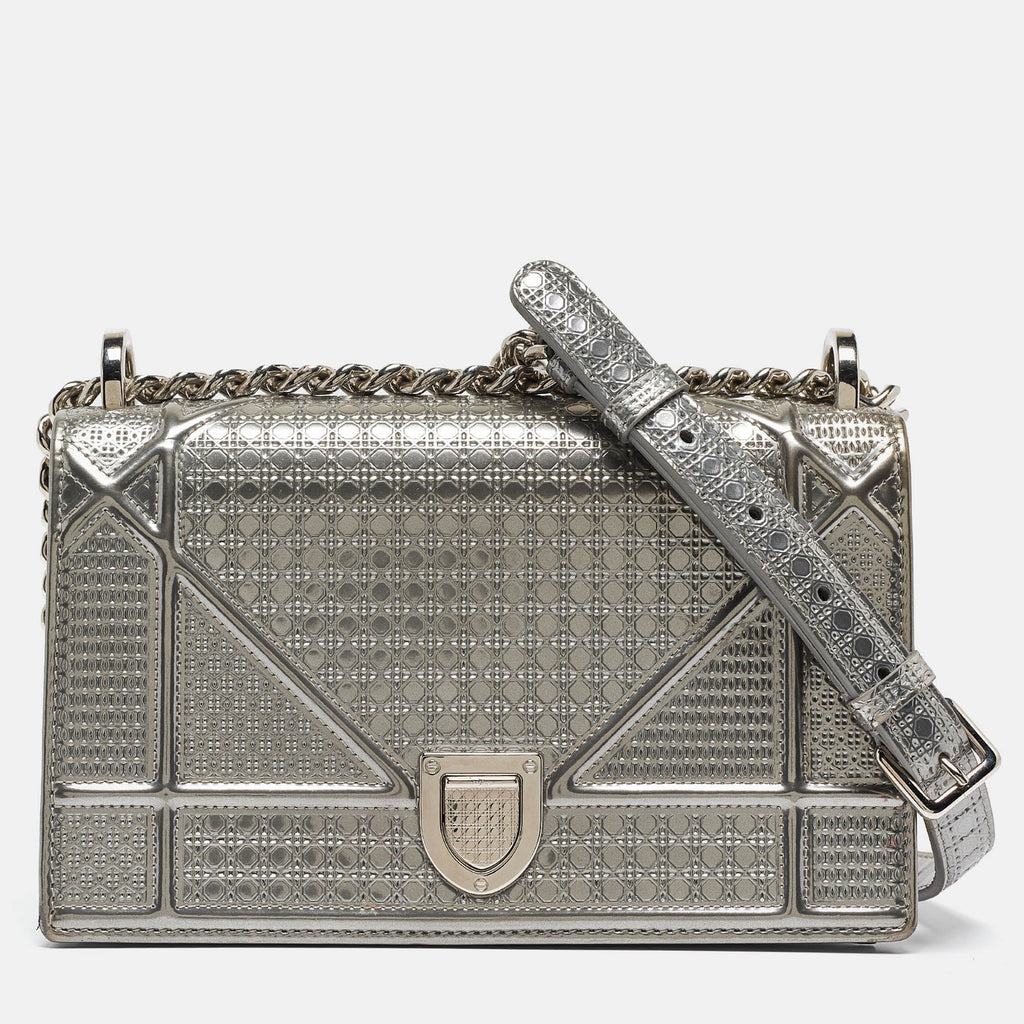 Dior Silver  Leather Small Diorama Shoulder Bag