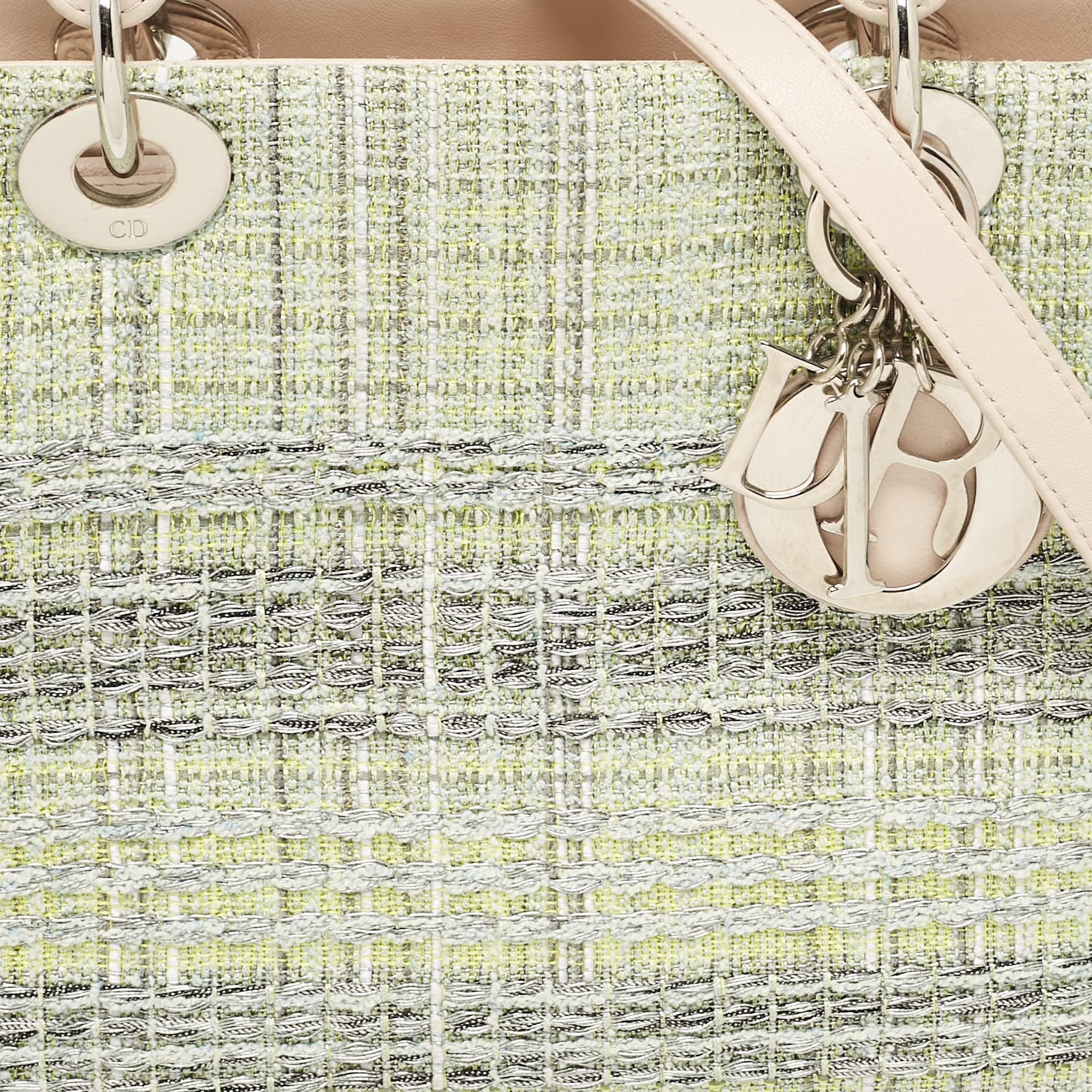 Dior Green/beige Leather And Tweed Medium Lady Dior Tote
