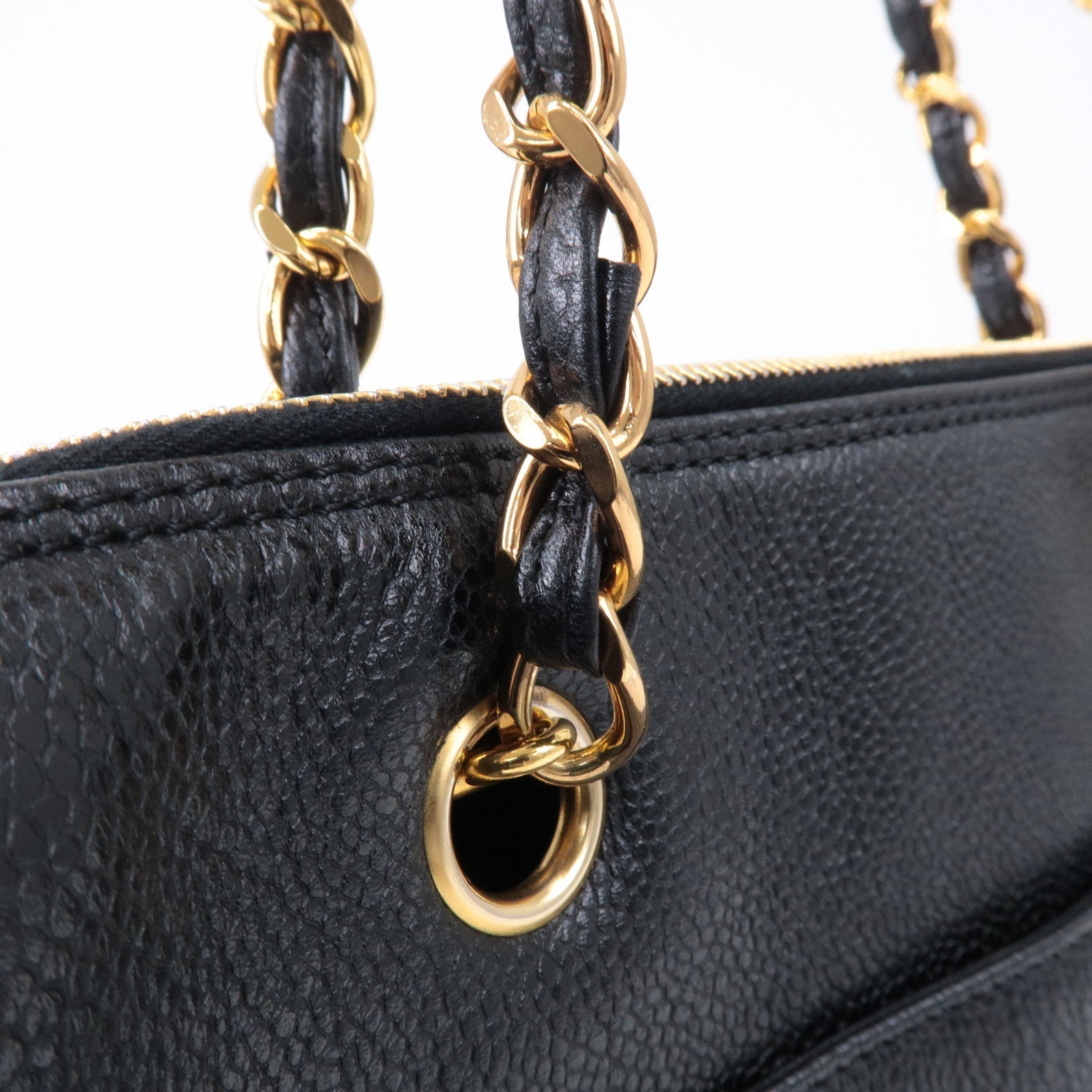 CHANEL Caviar Skin Chain Tote Bag Shoulder Bag Gold Black