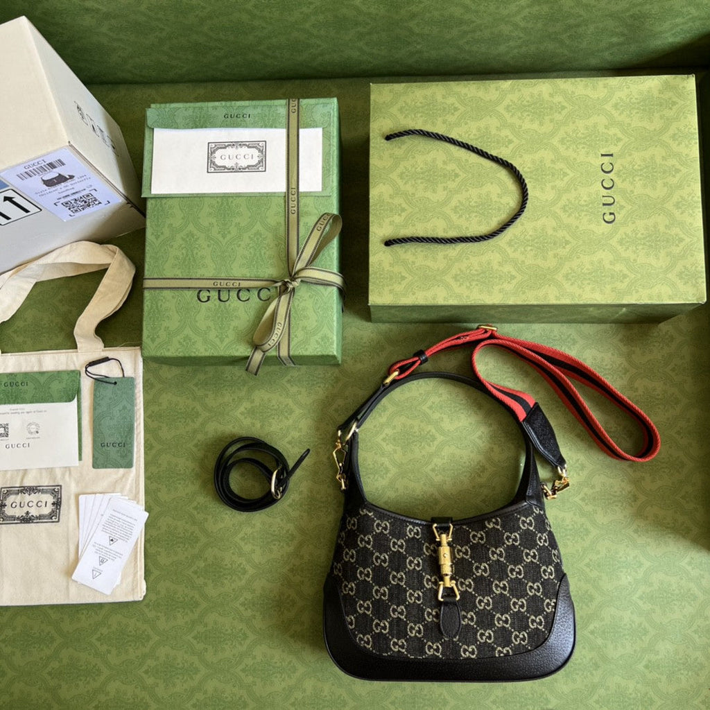 Jackie 1961 Small Shoulder Bag Black And Ivory Denim Jacquard For Women 11in/28cm 678843 UN3AG 1294