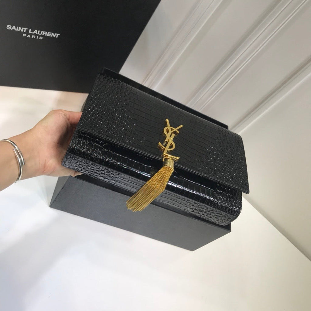 YSSL Kate Medium Chain Bag With Tassel In Embossed Crocodile Black For Women 9in/24cm YSL 354119DND0J1000