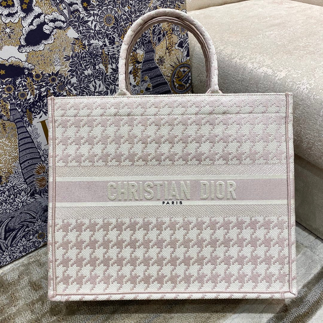 Dior Large Book Tote Pale Pink Houndstooth Embroidery, Pink, For Women Women’s Handbags, Shoulder Bags, 42cm CD