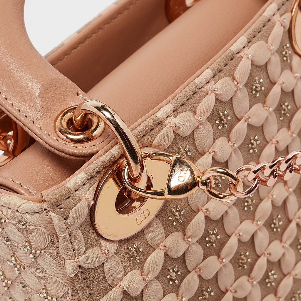 Dior Peach Leather And Suede Mini Beaded Ribbon Lady Dior Tote