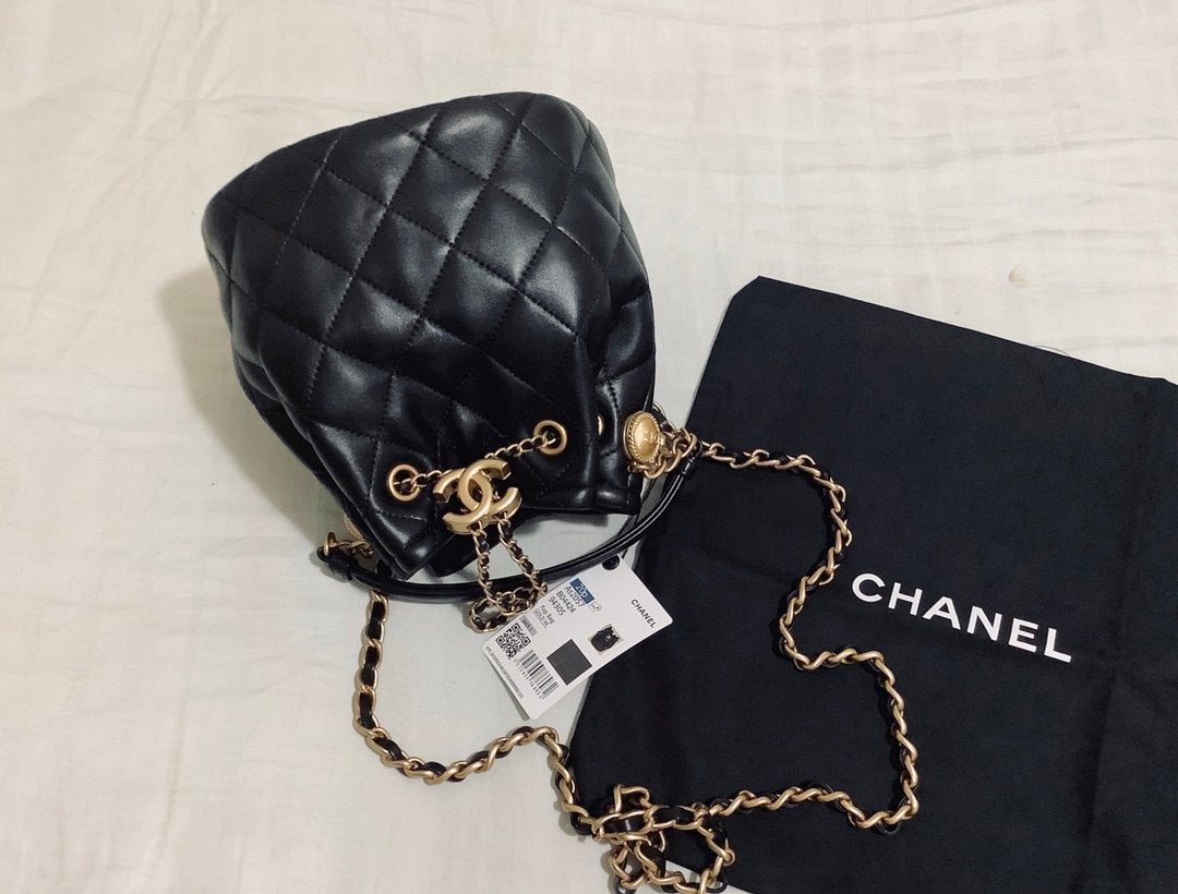 Chanel Classic Bucket Bag Gold Toned Hardware Black For Women 7.8in/20cm