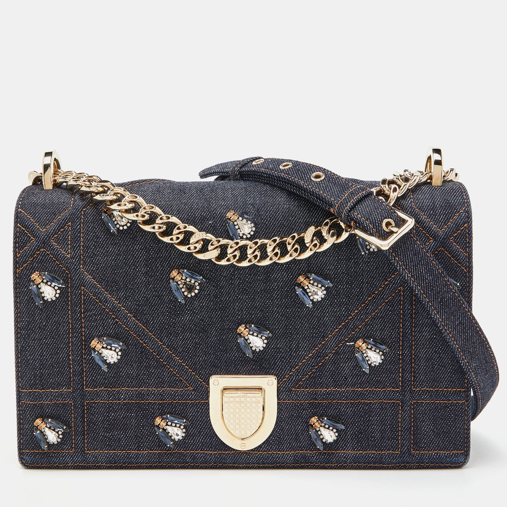 Blue Denim Medium Crystal Embellished Diorama Shoulder Bag