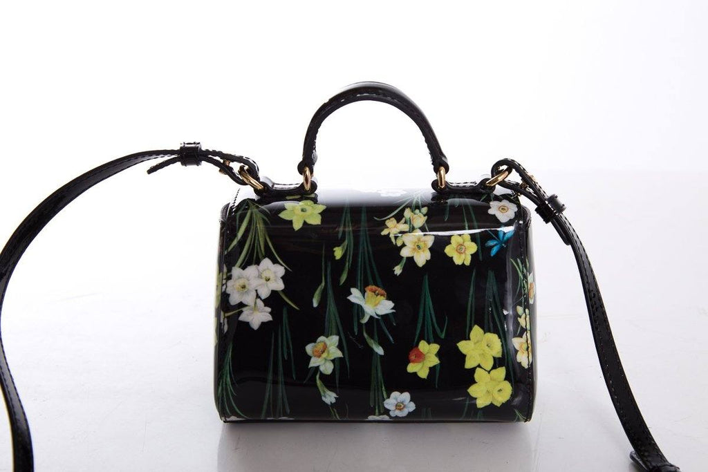 Dolce & Gabbana Black & Yellow Patent Leather Floral Motif Crossbody Bag