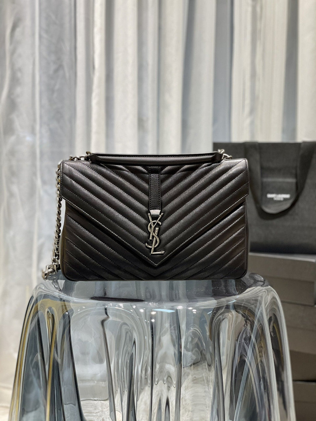 YSSL College Large Chain Bag Black With Silver TonedHardware For Women 12in/32cm YSL 600278BRM041000