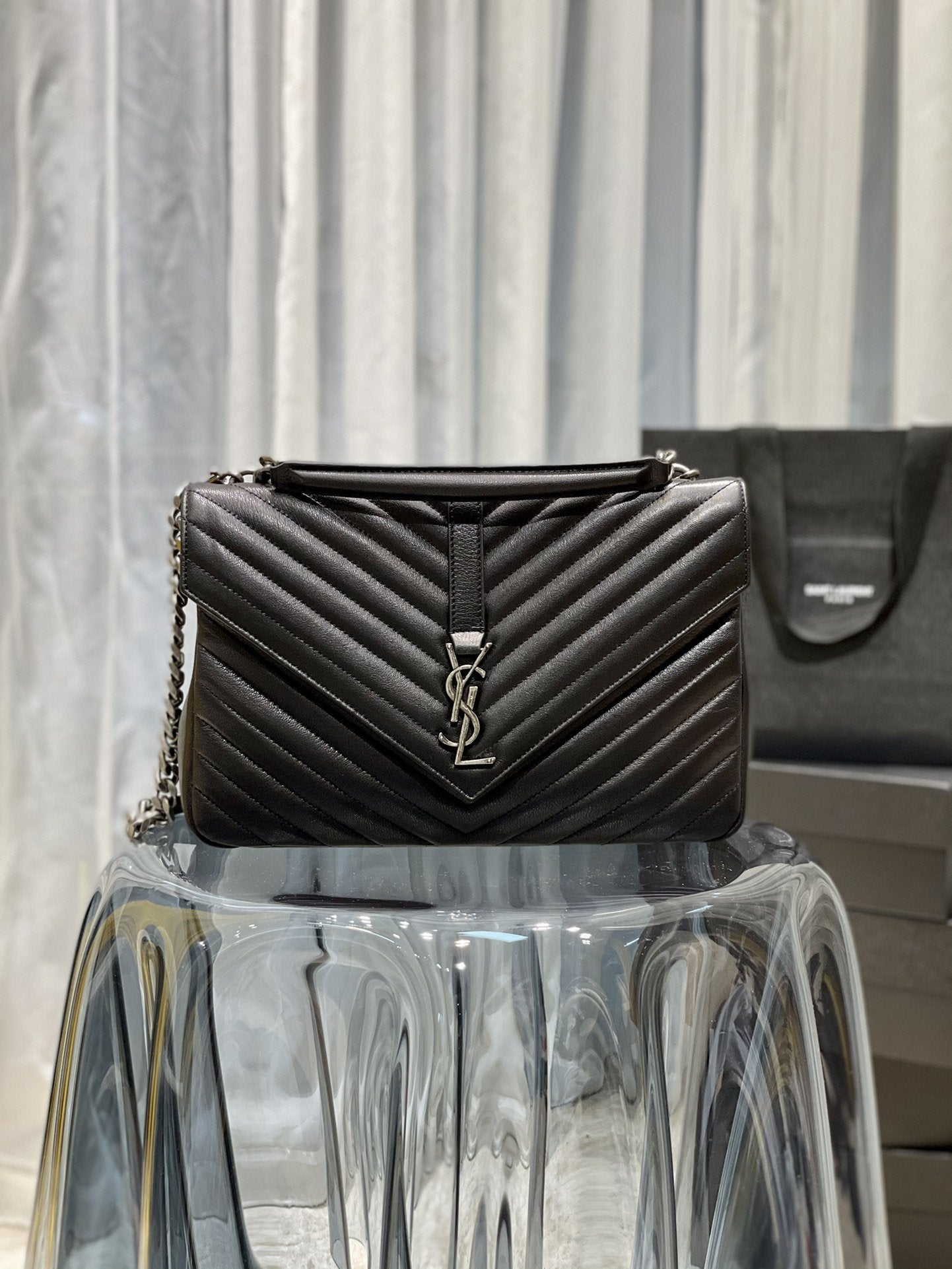 YSSL College Large Chain Bag Black With Silver TonedHardware For Women 12in/32cm YSL 600278BRM041000