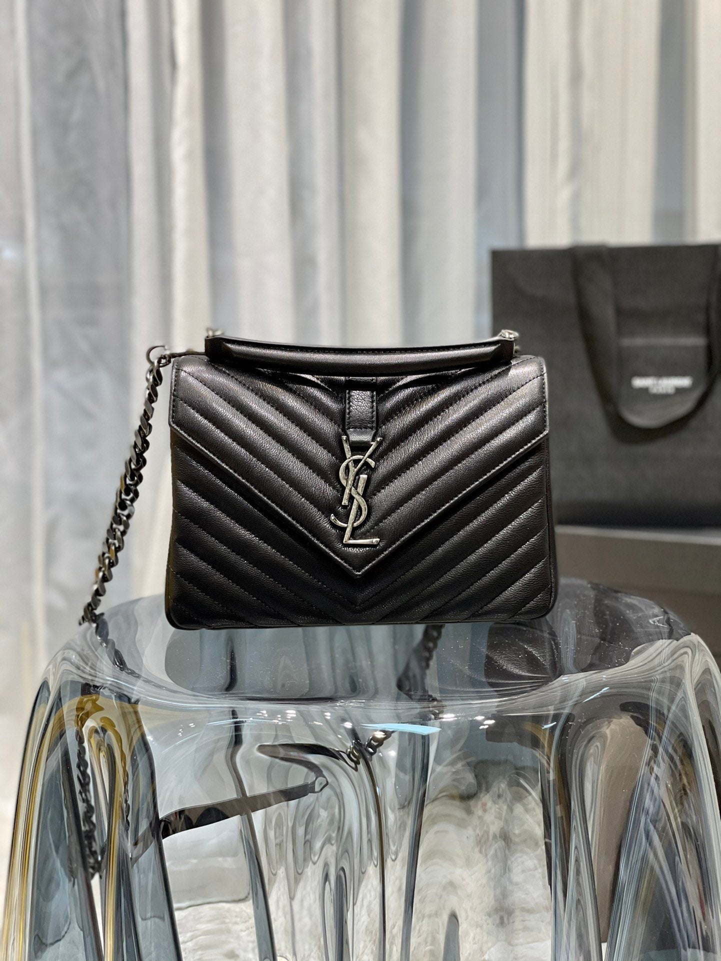 Top Quality College MeTop Qualityum Chain Bag Black Silver Toned Hardware For Women 9.4in/24cm YSL 600279BRM041000
