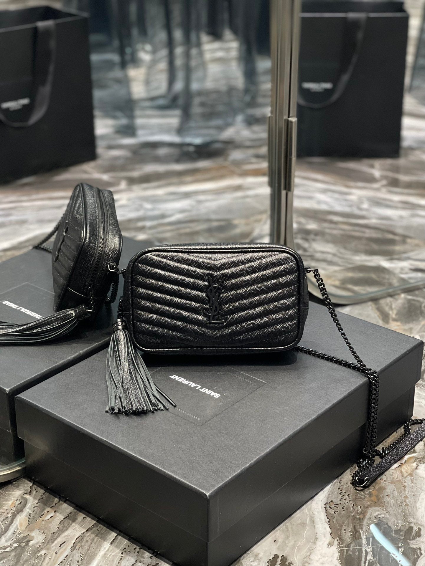 YSSL Lou Mini Bag Black In Quilted Grain De Poudre With Metal Toned Hardware For Women 7in/19cm YSl 6125791GF081000