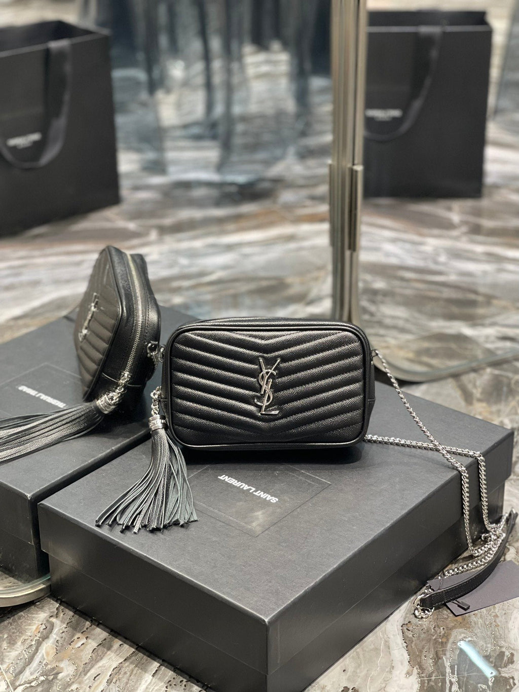 Top Quality Lou Mini Bag Black In Quilted Grain De Poudre With Silver Toned Hardware For Women 7.4in/19cm YSl 6125791GF021000