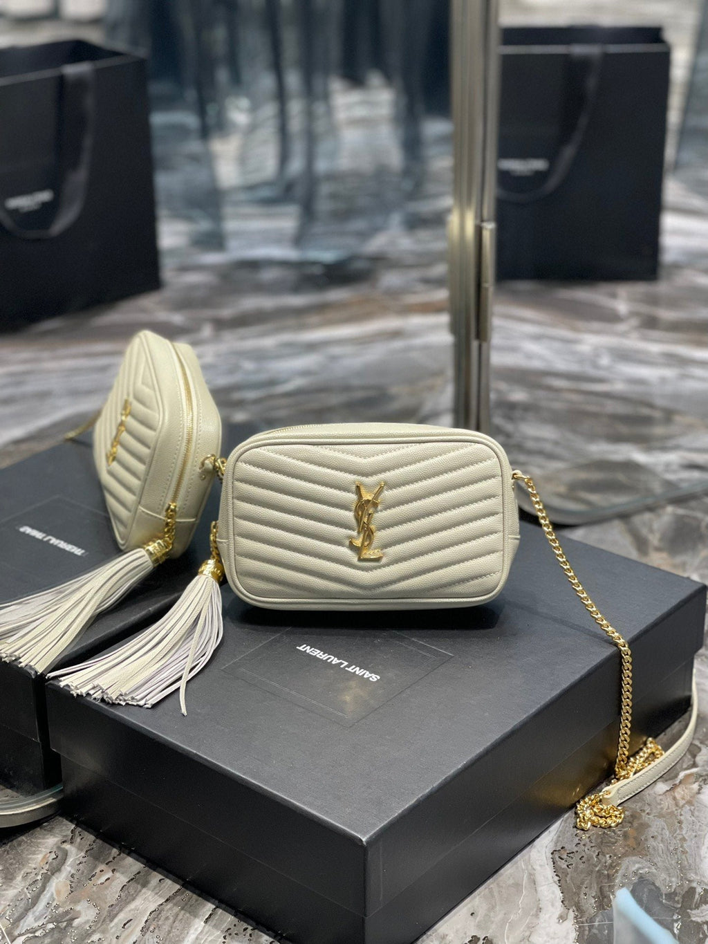 Top Quality Lou Mini Bag White In Quilted Grain De Poudre With Gold Hardware For Women 7.4in/19cm YSl 6125791GF019207