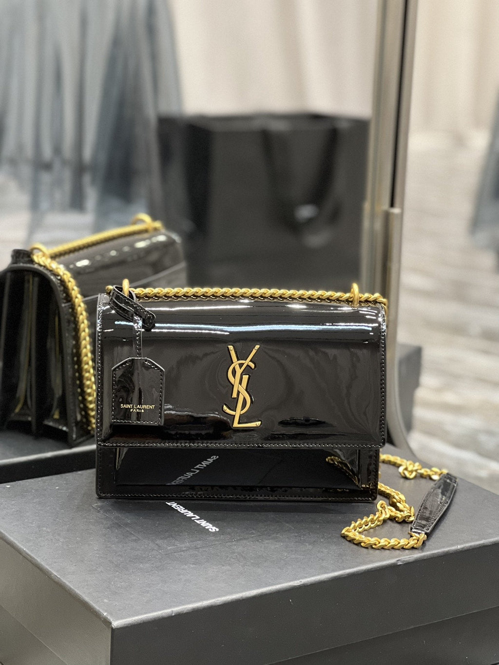YSSL Sunset Medium Chain Bag For Women 8in/22cm Black YSL