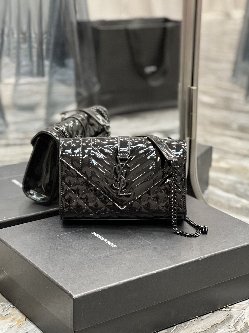 YSSL Envelope Small Bag Black In Mix MatelassÃ© Grain De Poudre Embossed Material For Women 8in/21cm YSL