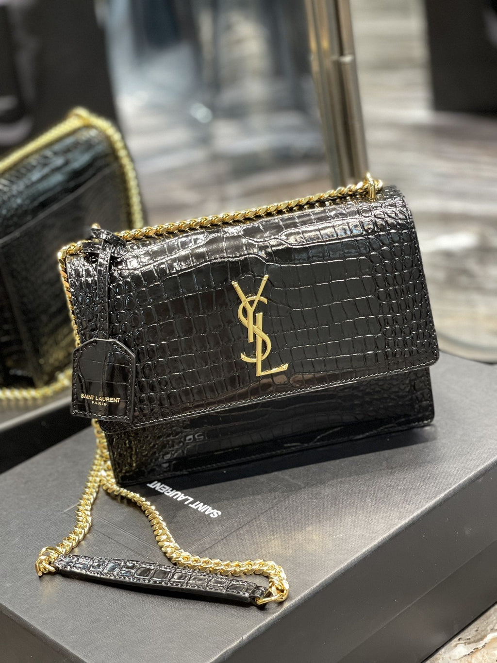 YSSL Sunset Medium Chain Bag For Women 8in/22cm Black YSL 442906DND0J1000