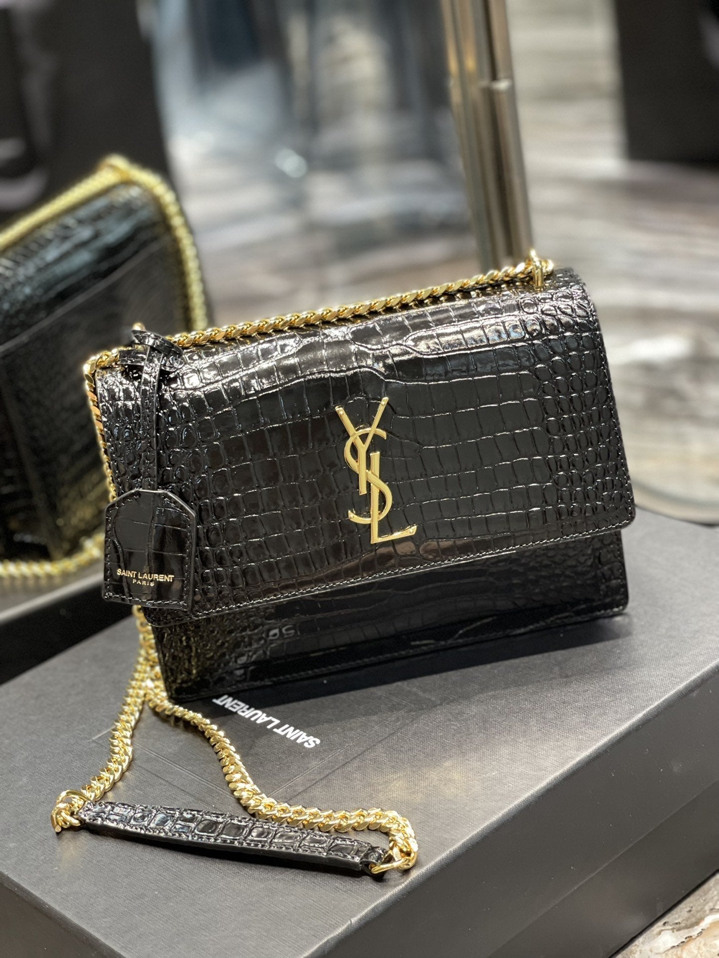 YSSL Sunset Medium Chain Bag For Women 8in/22cm Black YSL 442906DND0J1000