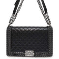 CHANEL Boy Chanel Shoulder Bag Black Shiny Calf Leather Size 28