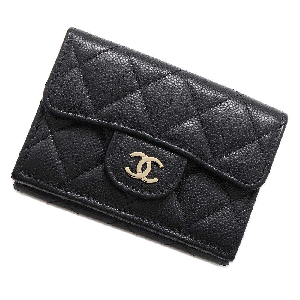CHANEL Matelasse CC Logo Classic Small Flap Wallet Tri-Fold Wallet BlackAP0230 Caviar Leather