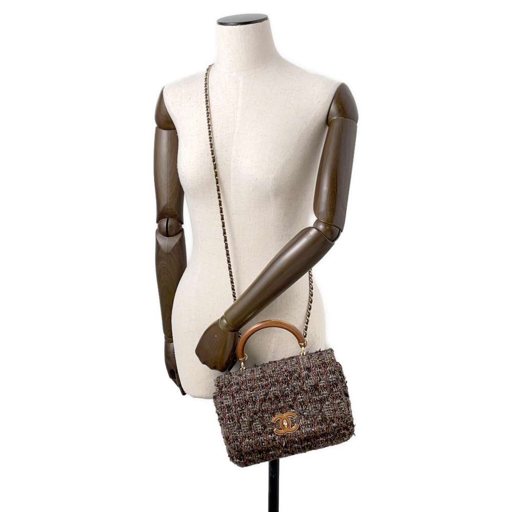 CHANEL top handle chain shoulder bag Brown Tweed Wood Size 23