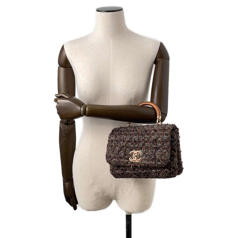 CHANEL top handle chain shoulder bag Brown Tweed Wood Size 23