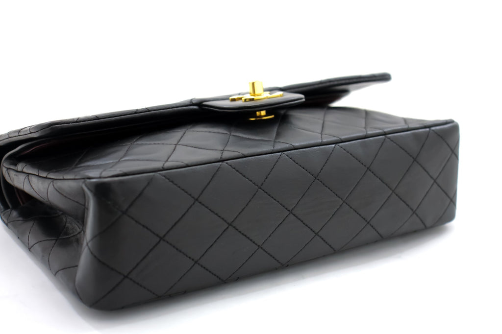 CHANEL Classic Double Flap 10" Chain Shoulder Bag Black Lambskin i68