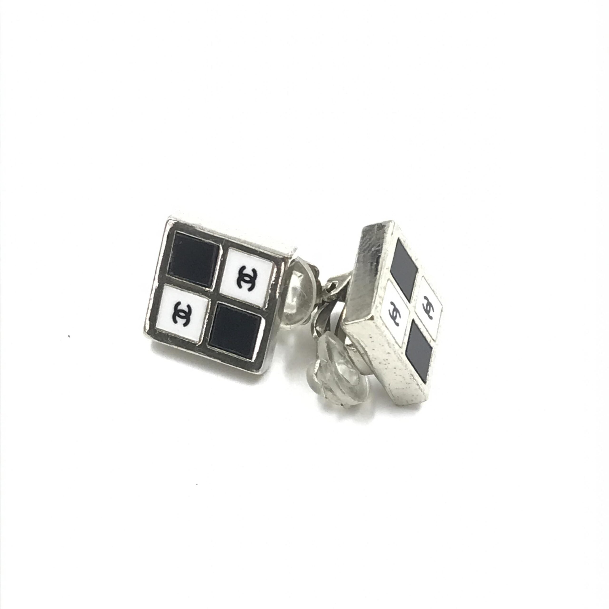 Chanel Coco Mark Earrings Women's Black/White/Silver