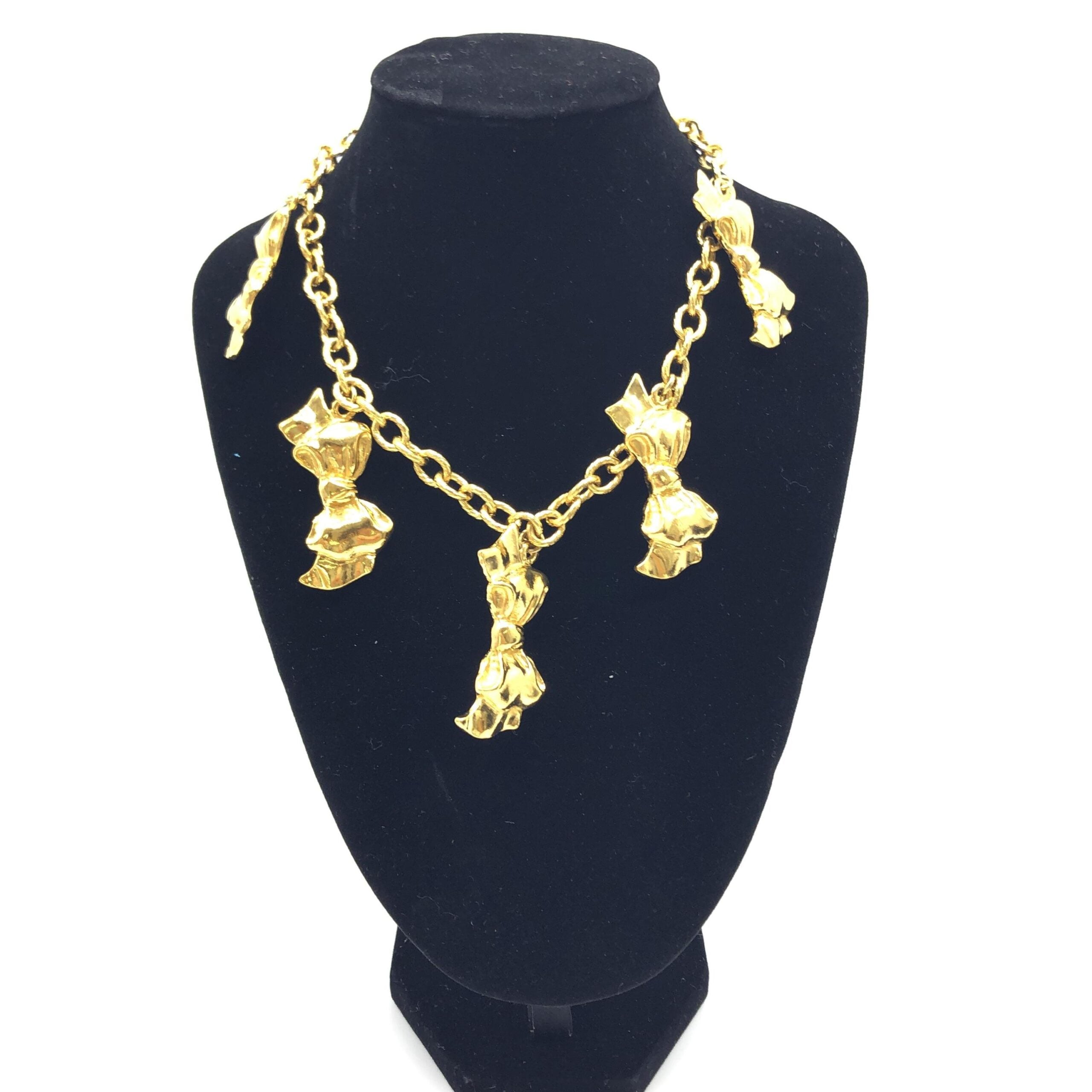 Chanel Gold Plated Chain Necklace With Bow Women's Charms