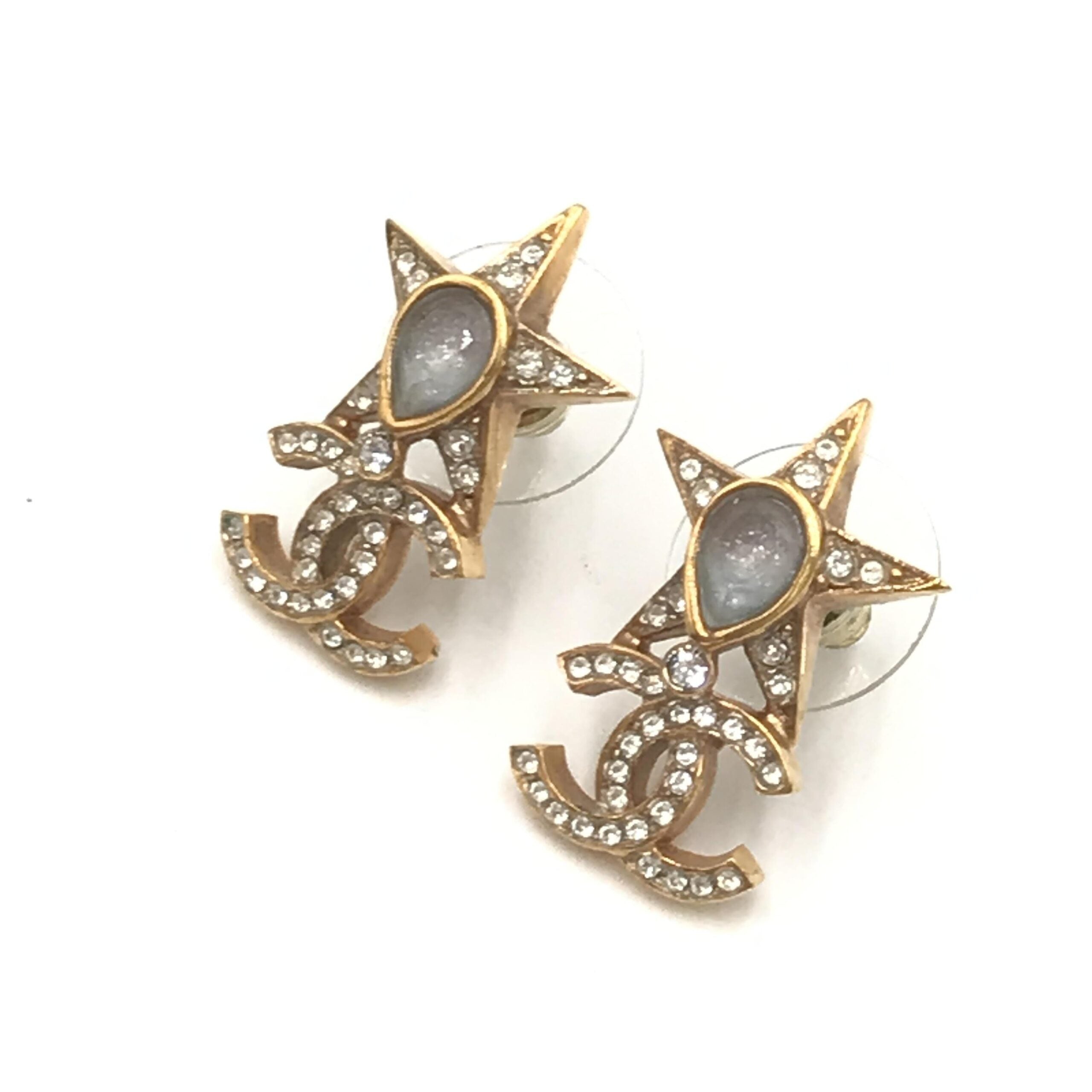 Chanel Gold Plated Star Coco Mark Earrings With Women's Rhinestones