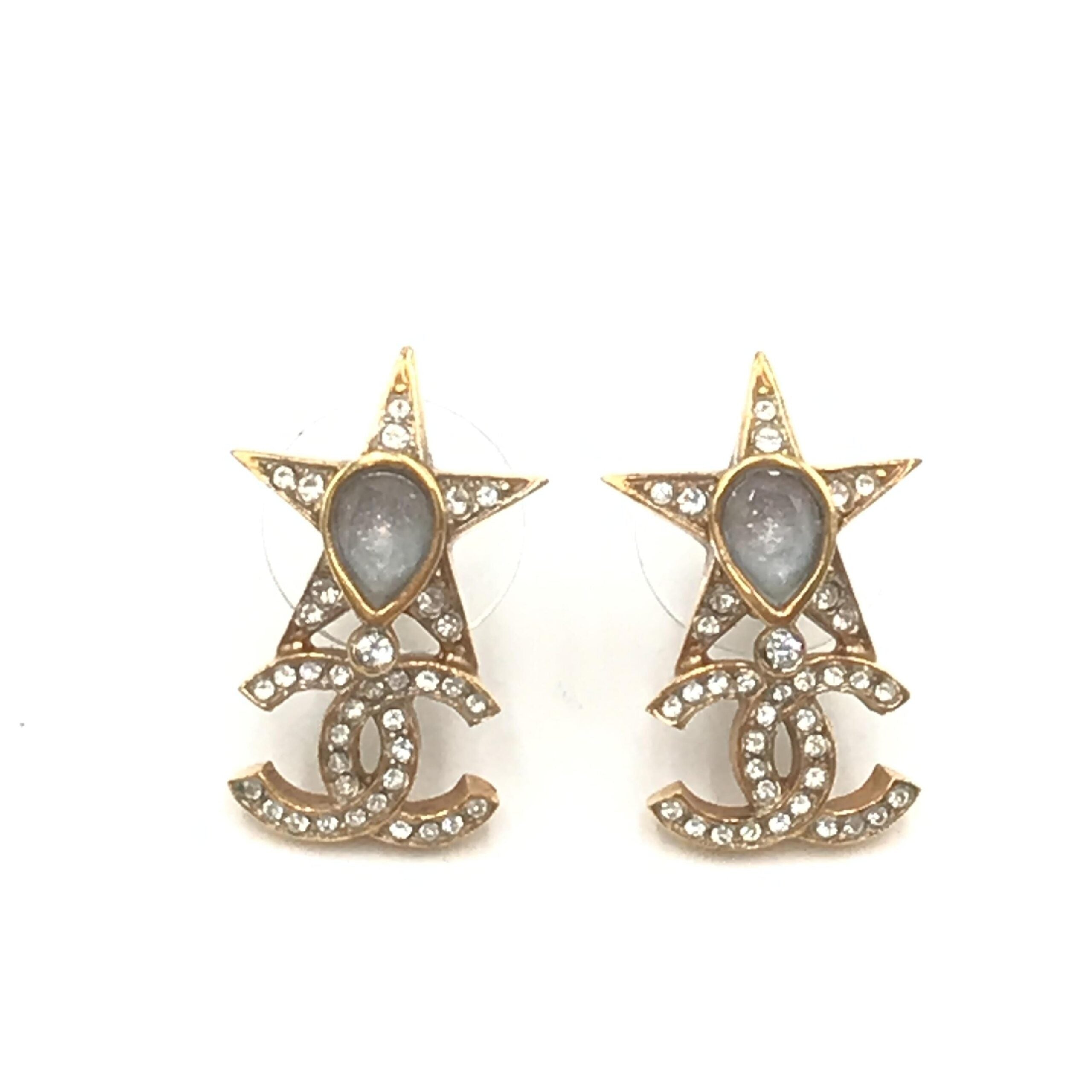 Chanel Gold Plated Star Coco Mark Earrings With Women's Rhinestones