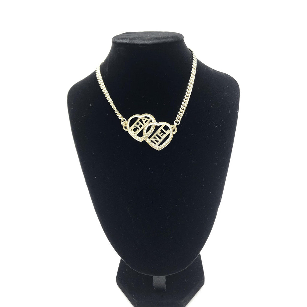 Chanel Gold Tone Heart Choker Necklace With Women's Logo