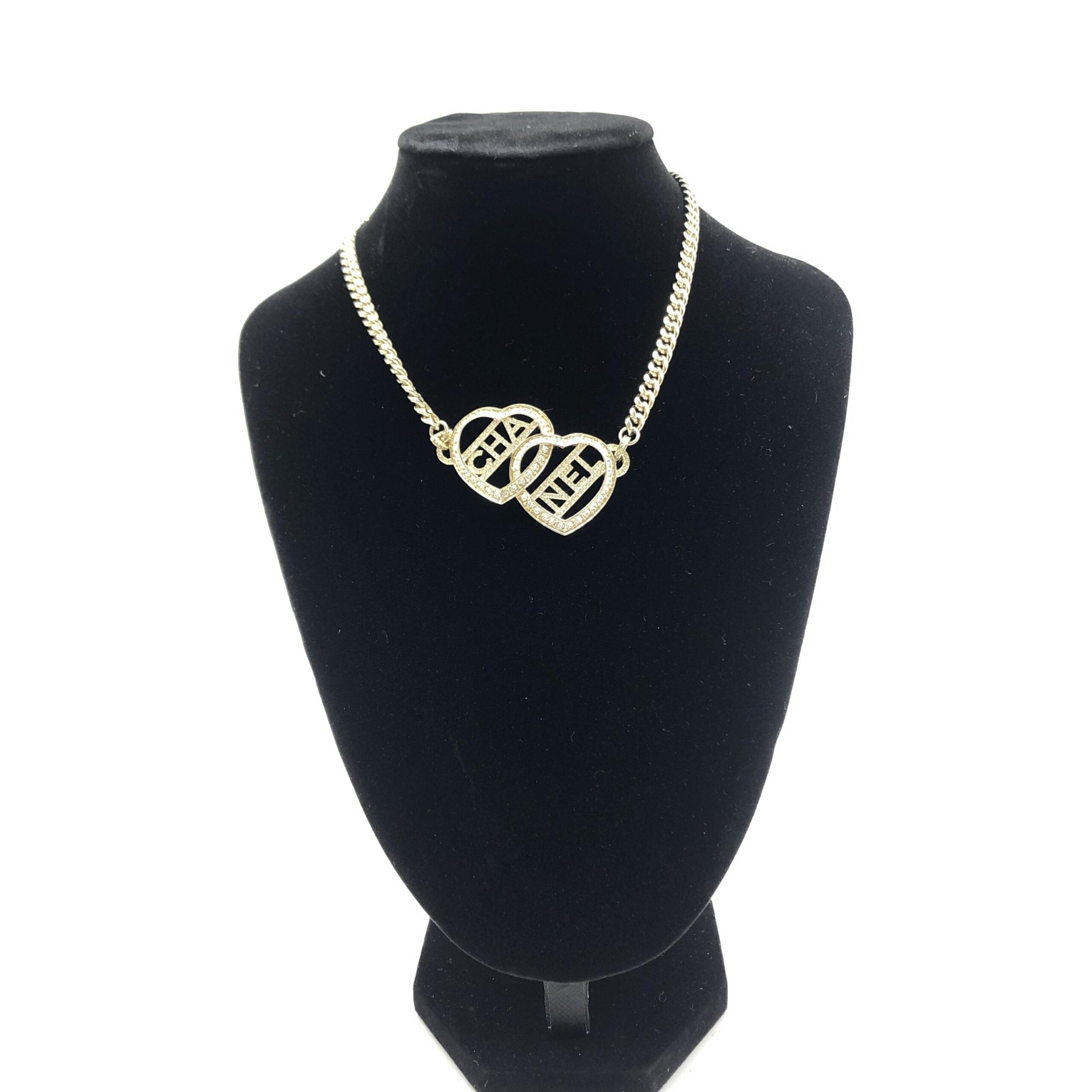 Chanel Gold Tone Heart Choker Necklace With Women's Logo