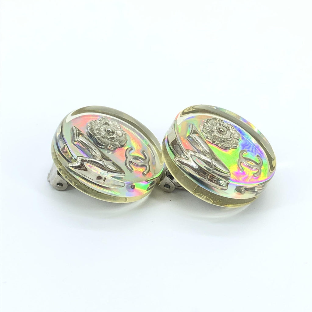 Chanel Vintage Holographic Logo Clip-On Women's Earrings