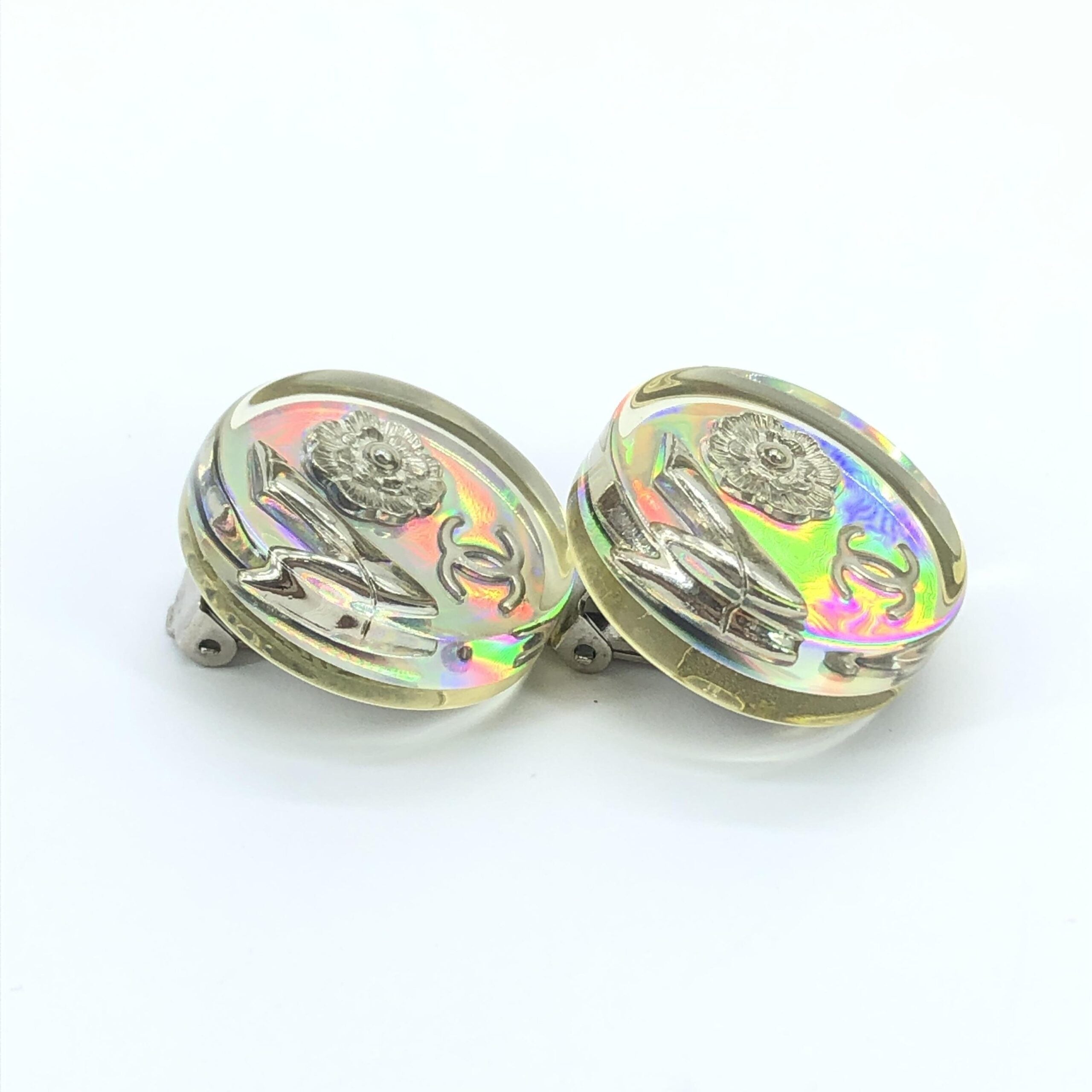 Chanel Vintage Holographic Logo Clip-On Women's Earrings