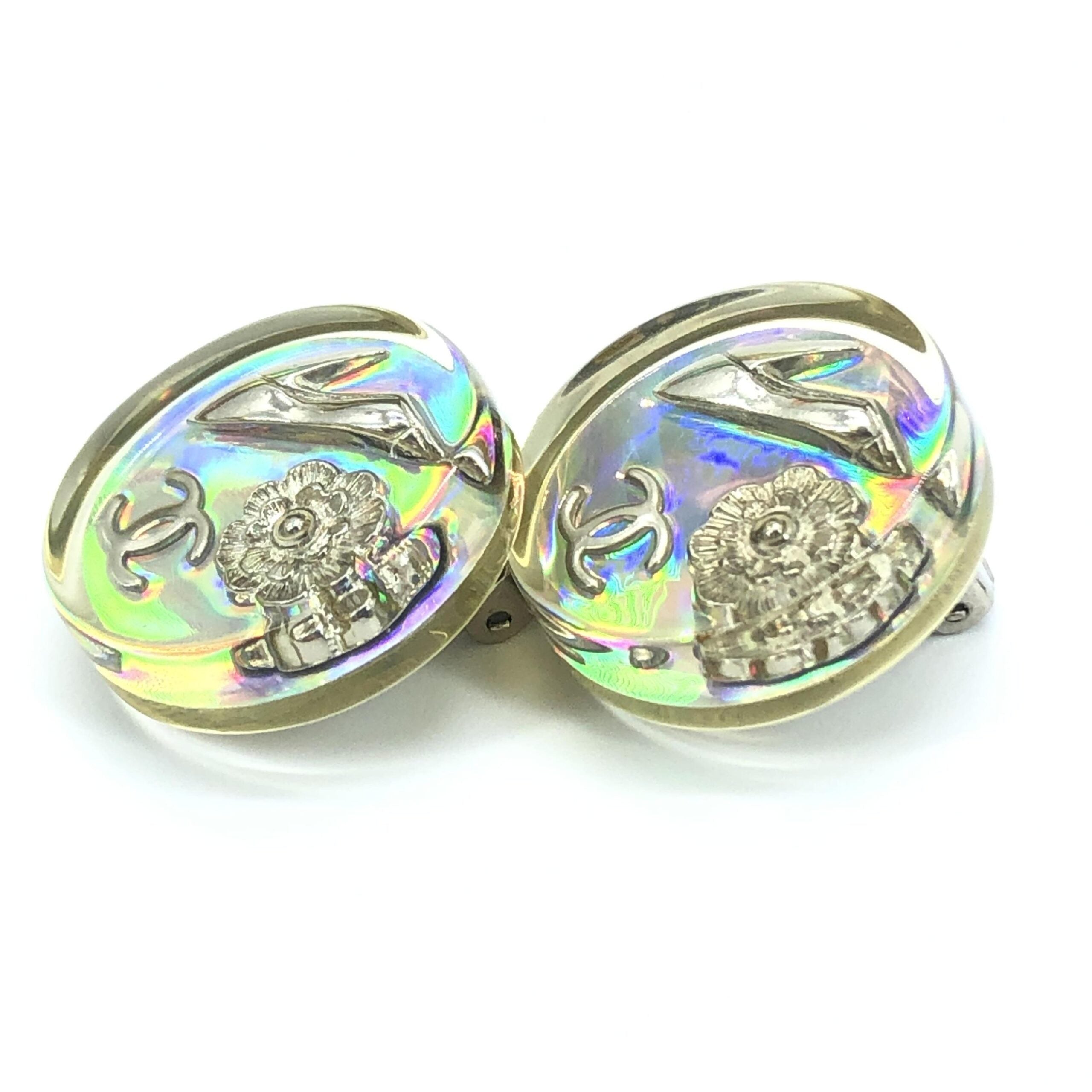 Chanel Vintage Holographic Logo Clip-On Women's Earrings