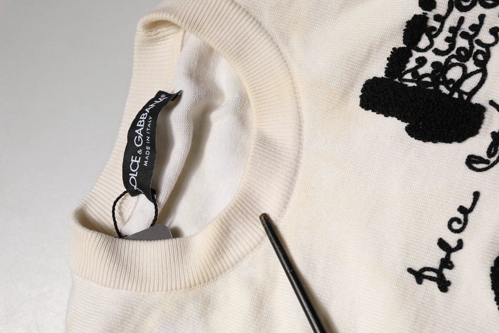 Dolce & Gabbana White Virgin Wool Graphic Logo Crewneck Sweater