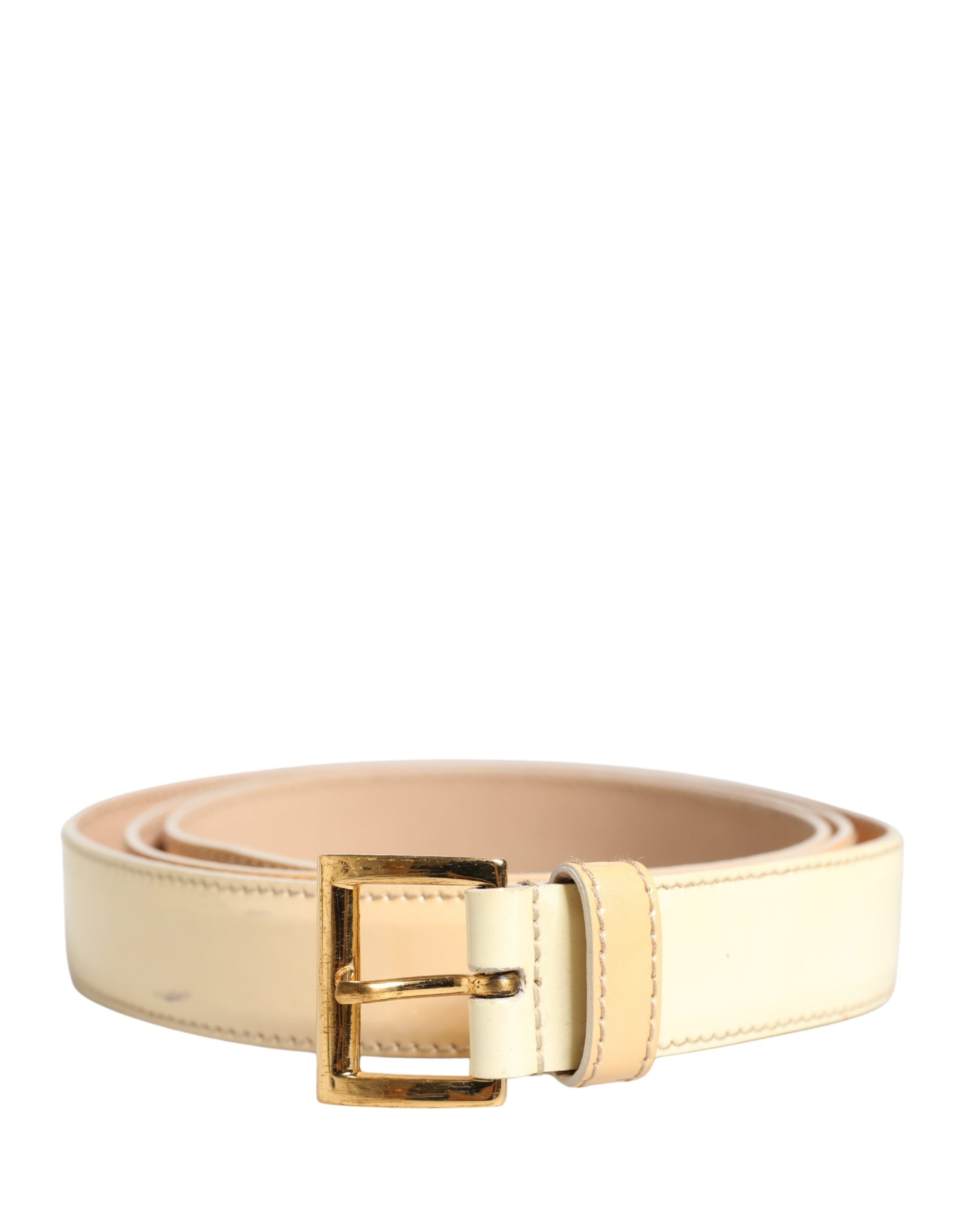 Prada Beige Leather Logo Waist Women Gold Metal Buckle Women's Belt