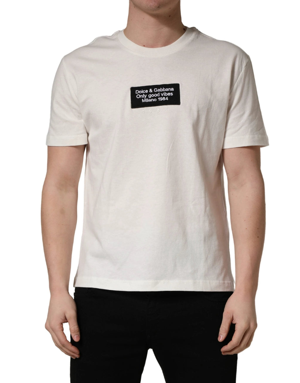 Dolce & Gabbana White Logo Patch Cotton Men Crew Neck  T-shirt