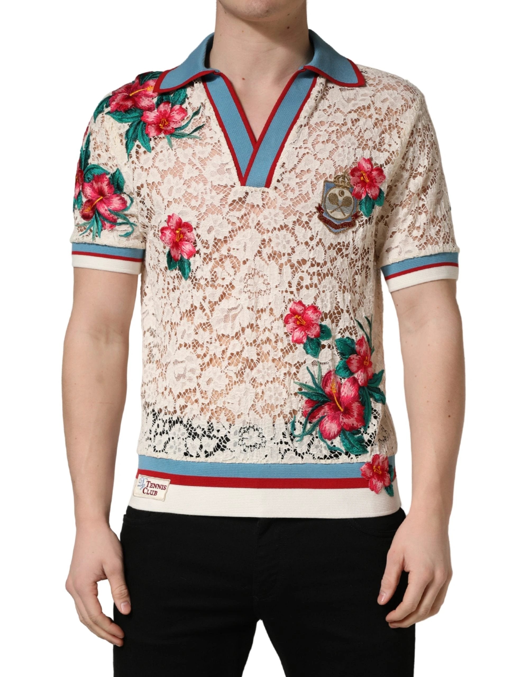 Dolce & Gabbana Beige Floral Tennis Club Lace Polo T-shirt