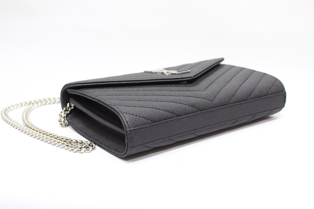 YSSL Cassandre MatelassÃ© Chain Wallet In Grain De Poudre Embossed Black For Women 8.8in/23cm YSL 377828BOW021000