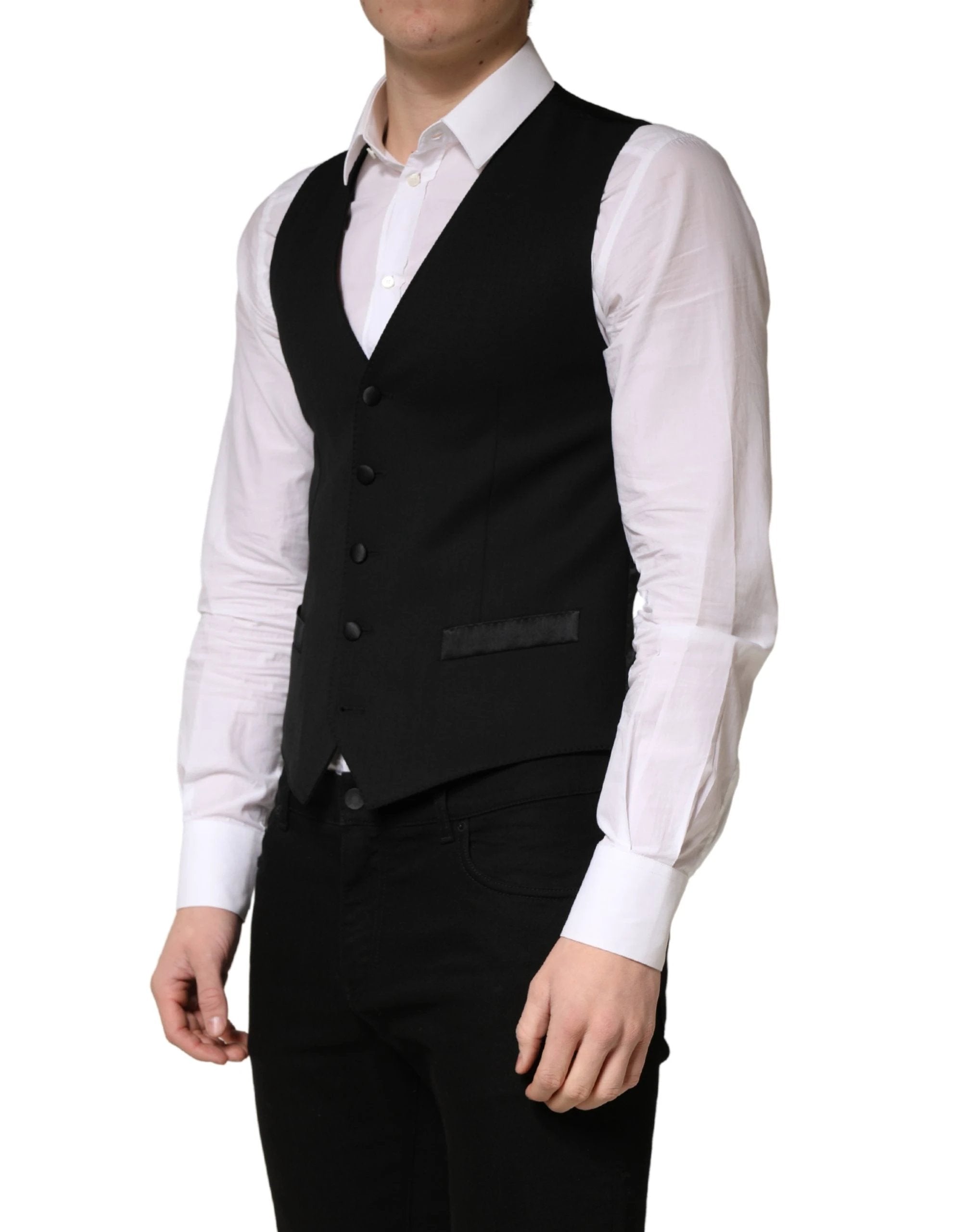 Dolce & Gabbana Black Wool Single Breasted Men Waistcoat Vest