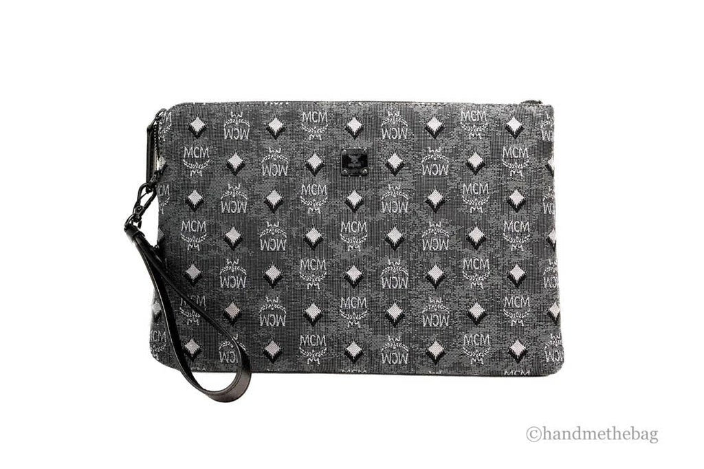 MCM Veritas Medium Dark Grey Denim Monogram Logo Canvas Clutch Pouch Handbag